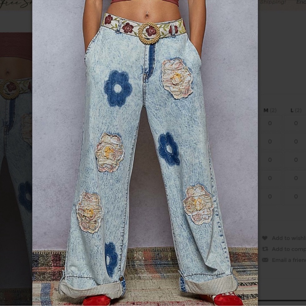 POL Light Acid-Wash Wide-Leg Jeans with Floral Appliqués